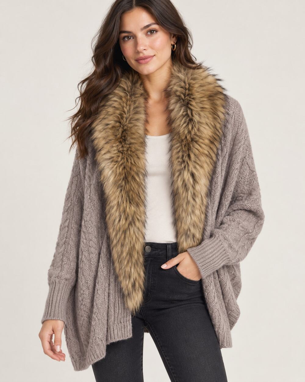 Joie Cable Knit Cardigan Sweater Detachable Faux Fur Collar Size Small
